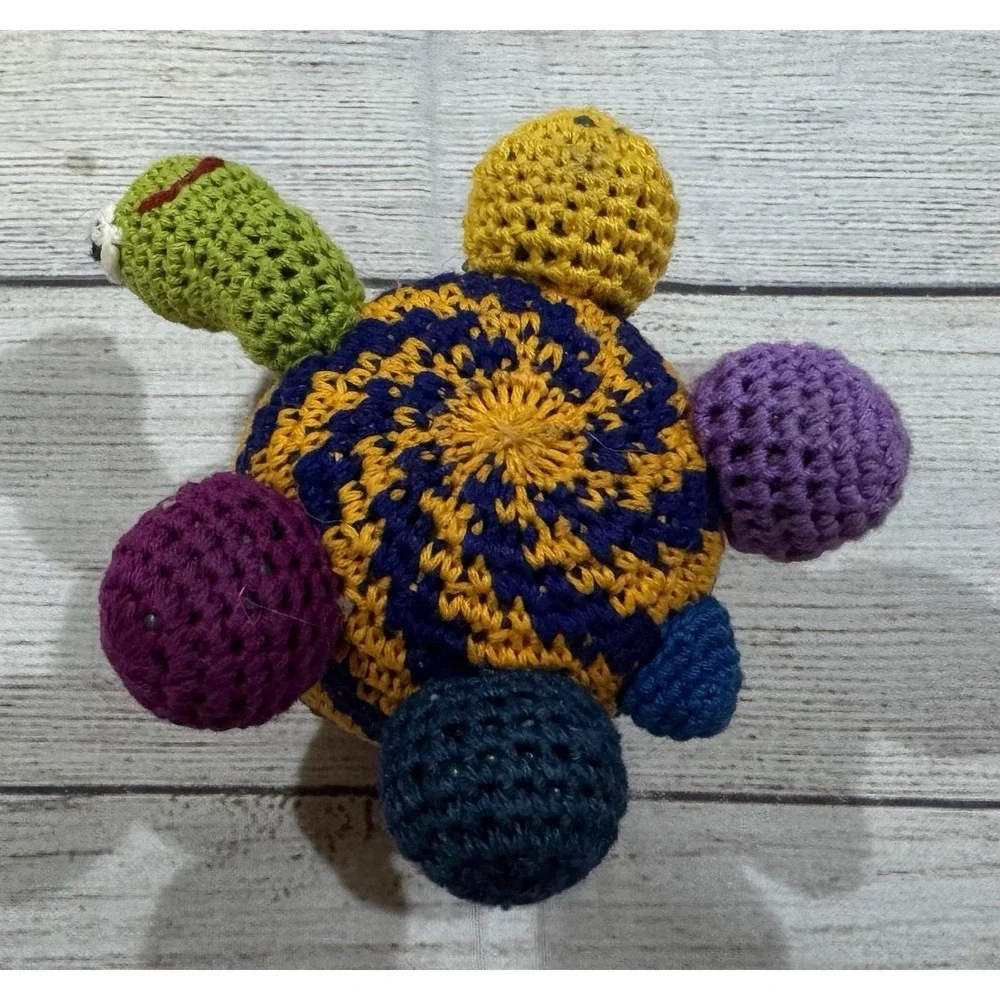 Adorable Hand Made Knitted Turtle Plush Colorful Retro BIG Bug Eyes GT12